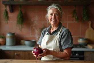 Femme épluchant une betterave rouge cuite entière dans une cuisine rustique en bois
