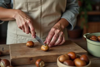 Femme épluchant une châtaigne crue avec un couteau sur une planche en bois dans une cuisine rustique