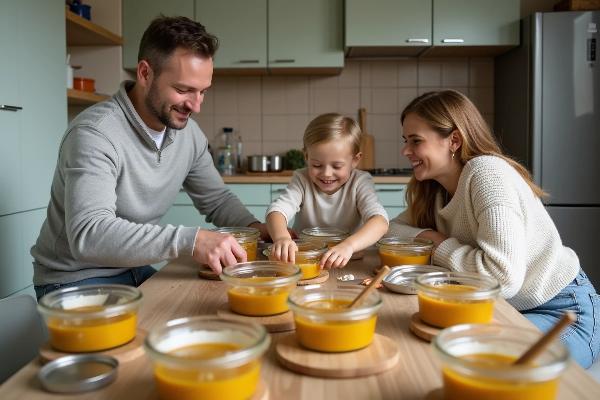 Famille organisant des repas avec des jars de soupe au pistou