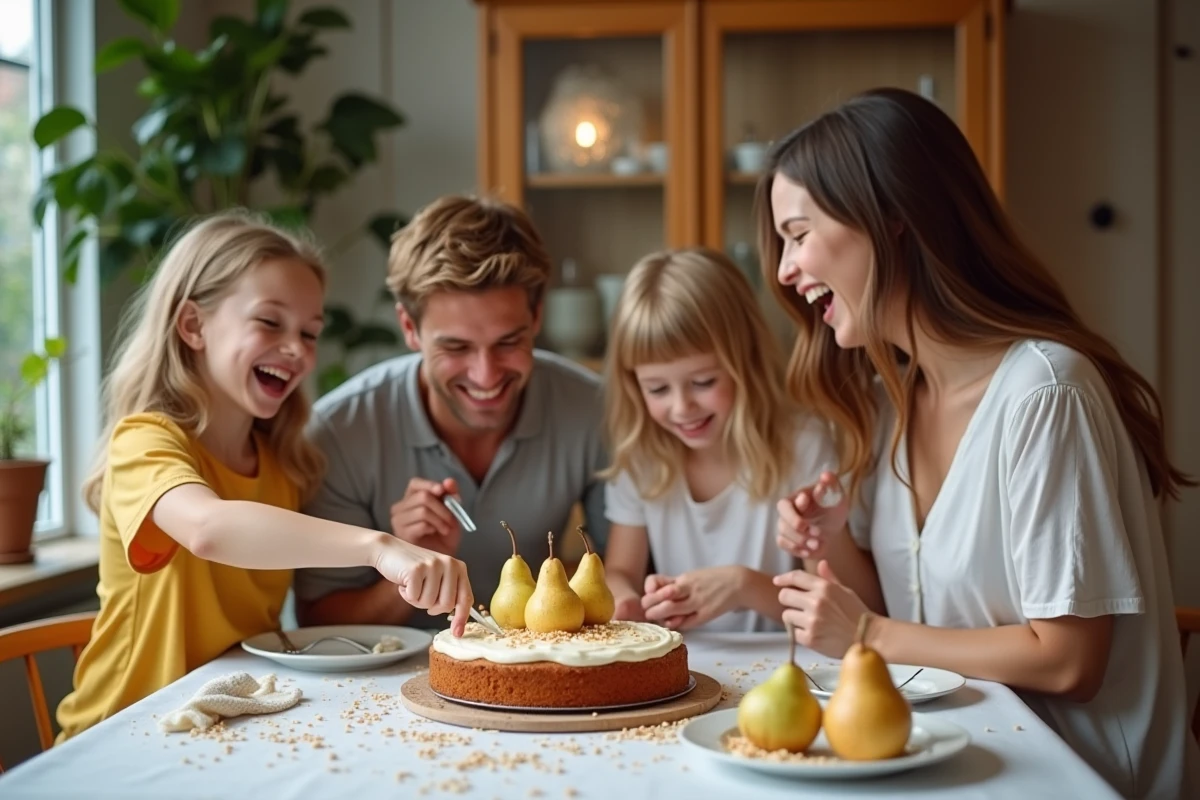 Famille partageant gâteau aux poires en dimanche convivial