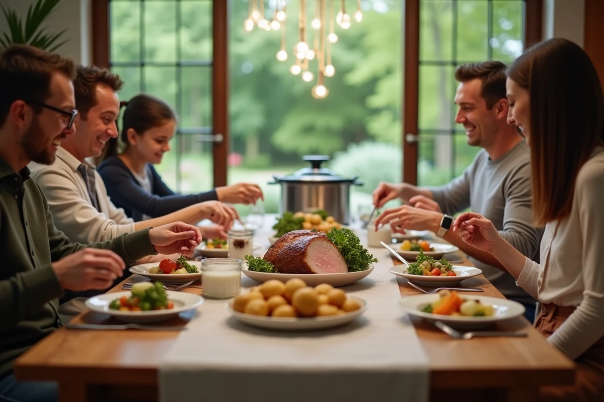 Famille partageant un repas de rôti de porc à la table