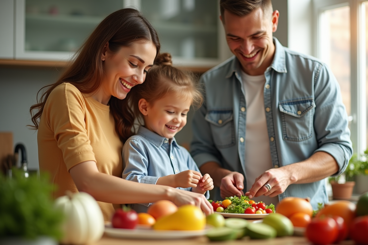 Famille heureuse préparant une salade de fruits dans la cuisine lumineuse