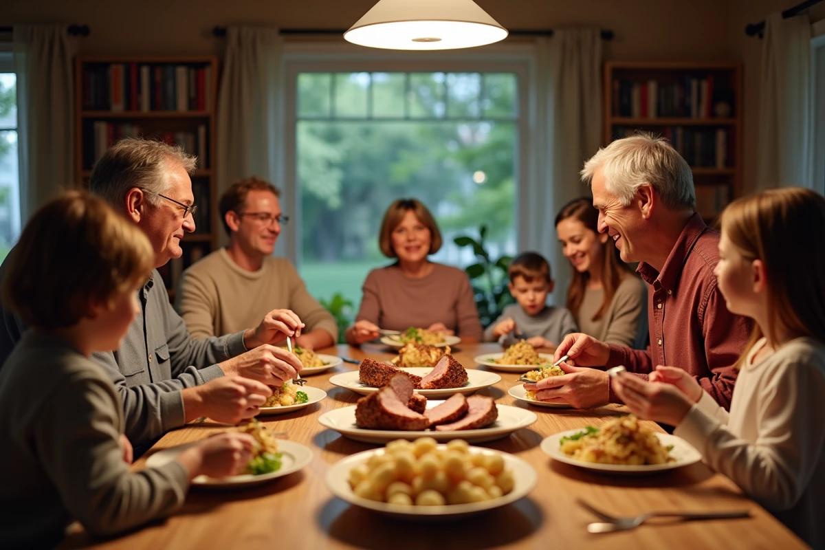 Famille autour d une grande table partageant un repas convivial