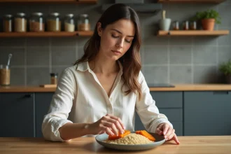 Femme préparant une assiette équilibrée avec des féculents comme du quinoa et de la patate douce pour un dîner sain