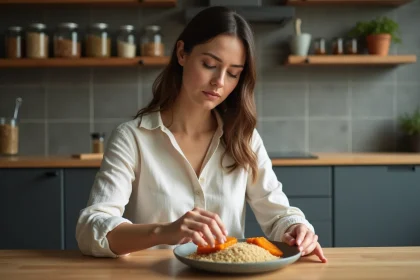 Femme préparant une assiette équilibrée avec des féculents comme du quinoa et de la patate douce pour un dîner sain
