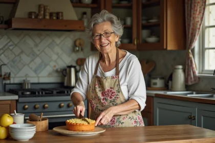 Femme âgée souriante coupant un gâteau rustique aux pommes