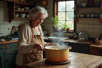 Femme âgée remuant une soupe vermicelli dans une cuisine rustique