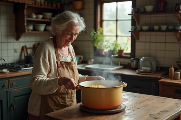 Femme âgée remuant une soupe vermicelli dans une cuisine rustique