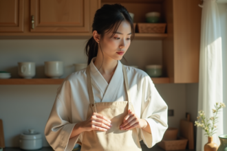 Femme en cuisine ajustant un tablier en lin japonais