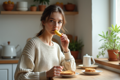 Jeune femme avec banane dans une cuisine lumineuse