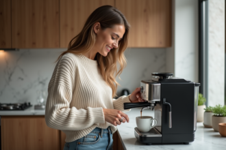 Femme versant un espresso dans une cuisine moderne