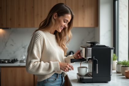 Femme versant un espresso dans une cuisine moderne