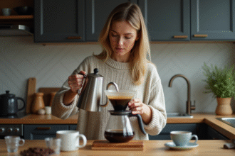 Femme versant de l'eau dans un appareil à café filtre