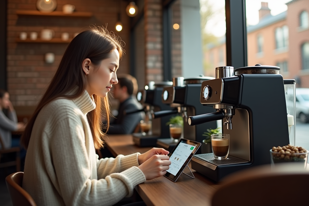 Jeune femme dans un café lit un tableau comparatif de machines à café