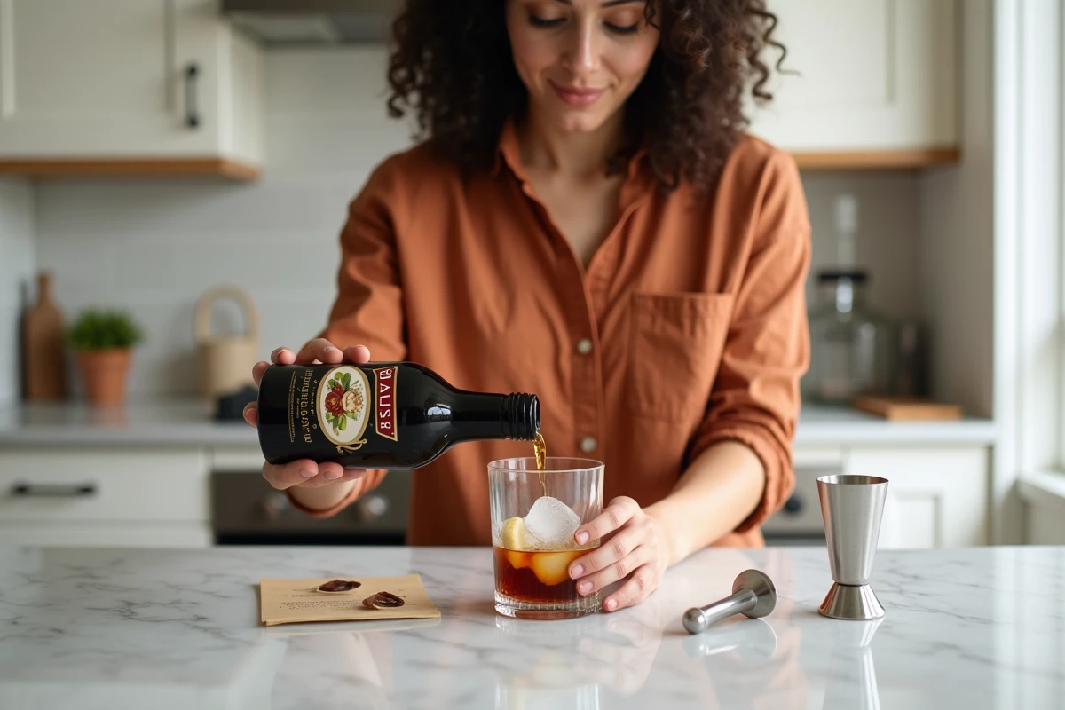 Femme préparant un cocktail maison avec du Baileys et du Kahlúa sur un plan de travail en marbre dans une cuisine moderne