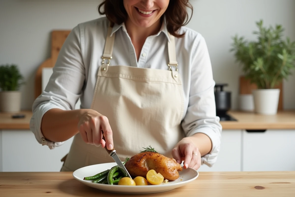 Femme en tablier de lin dressant une assiette de poulet avec pommes de terre rôties et haricots verts dans une cuisine scandinave moderne