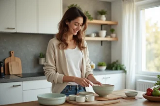 Femme souriante arrangeant des plats en céramique dans la cuisine