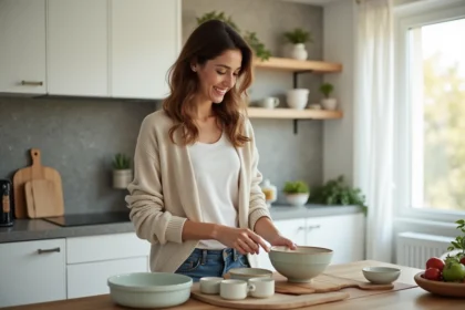 Femme souriante arrangeant des plats en céramique dans la cuisine