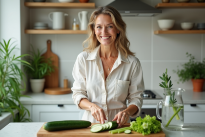 Femme souriante en cuisine coupant concombre et céleri