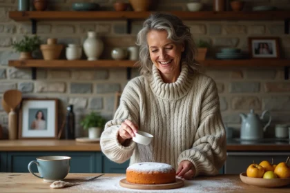 Femme souriante saupoudrant sucre sur gâteau aux poires
