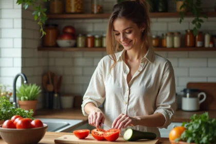 Jeune femme coupant des légumes dans une cuisine lumineuse
