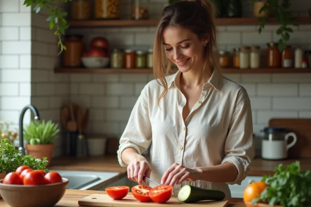 Jeune femme coupant des légumes dans une cuisine lumineuse