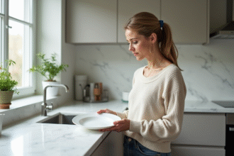 Femme dans une cuisine minimaliste examine une assiette vide