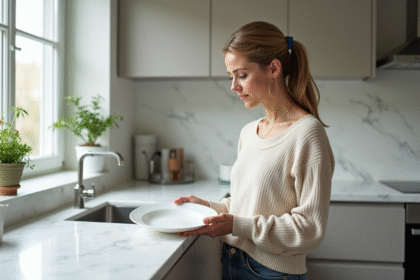 Femme dans une cuisine minimaliste examine une assiette vide