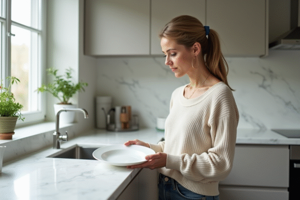 Femme dans une cuisine minimaliste examine une assiette vide