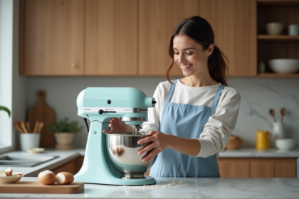 Femme souriante utilisant un mixeur moderne dans une cuisine chaleureuse
