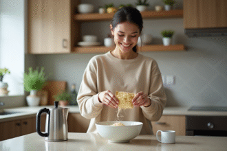 Femme vers 30 ans versant des flocons de patates dans un bol en cuisine