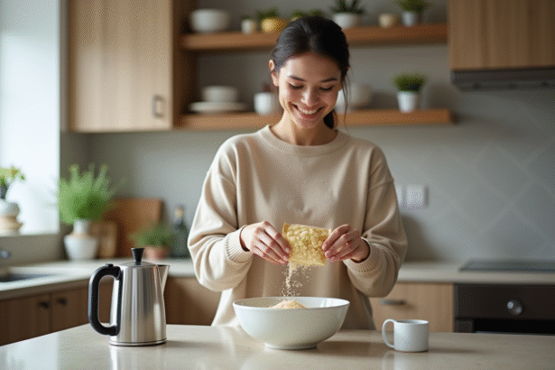 Femme vers 30 ans versant des flocons de patates dans un bol en cuisine