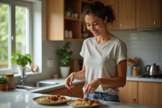 Femme souriante préparant un repas riche en protéines dans la cuisine