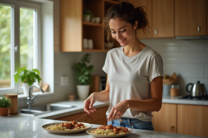 Femme souriante préparant un repas riche en protéines dans la cuisine