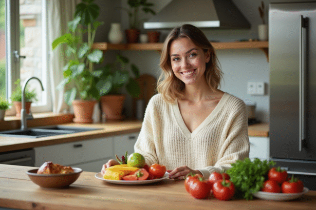 Femme souriante préparant un plat de fruits et légumes frais