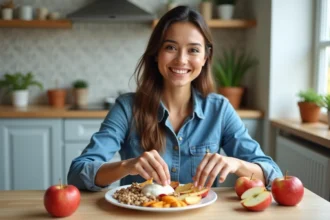 Femme souriante préparant des snacks sains dans la cuisine