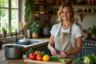 Femme préparant une soupe au pistou dans une cuisine provençale