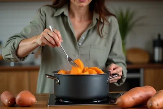 Femme en cuisine testant la cuisson des patates douces
