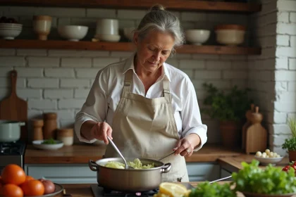 Femme en tablier en lin dans une cuisine chaleureuse