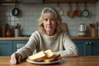 Femme d'âge moyen repoussant une assiette de pain beurré
