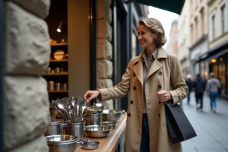 Femme examine des ustensiles de cuisine en ville