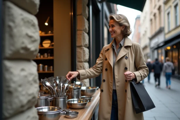 Femme examine des ustensiles de cuisine en ville