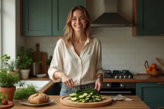 Femme souriante cuisinant des courgettes sautées dans la cuisine