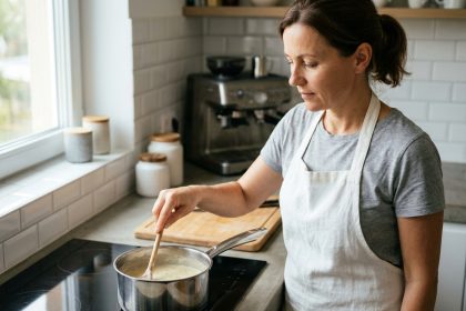 Femme qui remue le contenu d'une casserole inox sur une plaque à induction dans une cuisine moderne