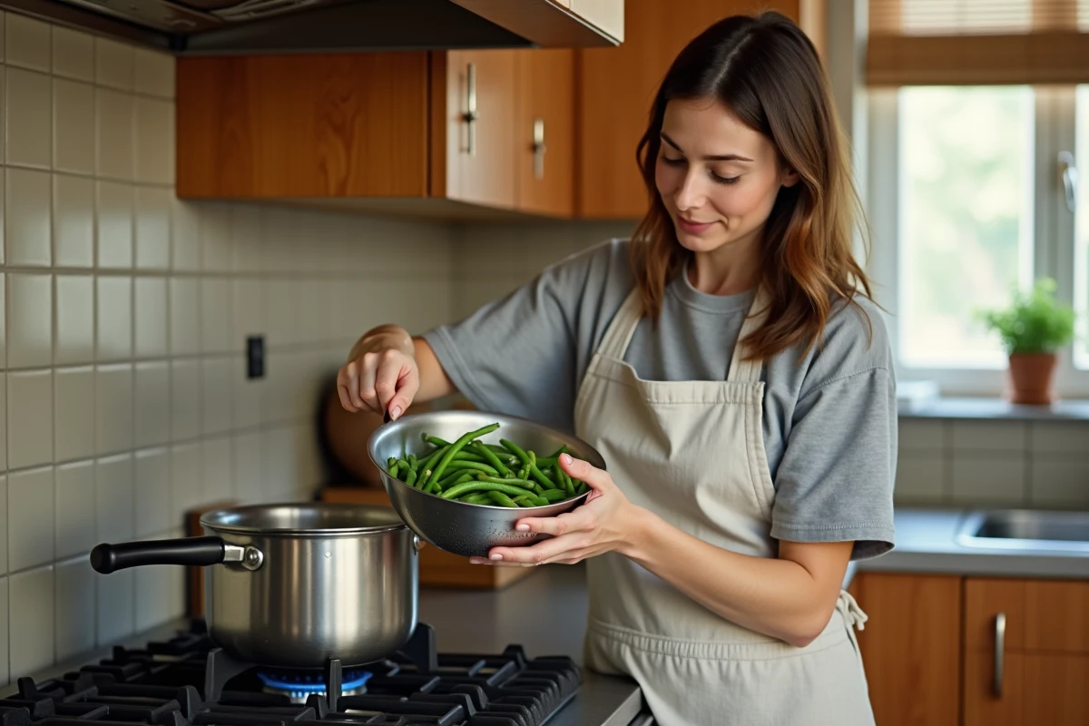 Femme versant des haricots verts dans une cocotte-minute sur une gazinière dans une cuisine chaleureuse