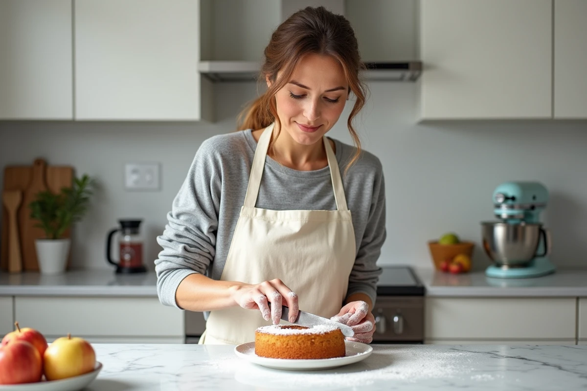Femme découpant un gâteau à la compote de pomme sur un plan de travail en marbre blanc dans une cuisine moderne