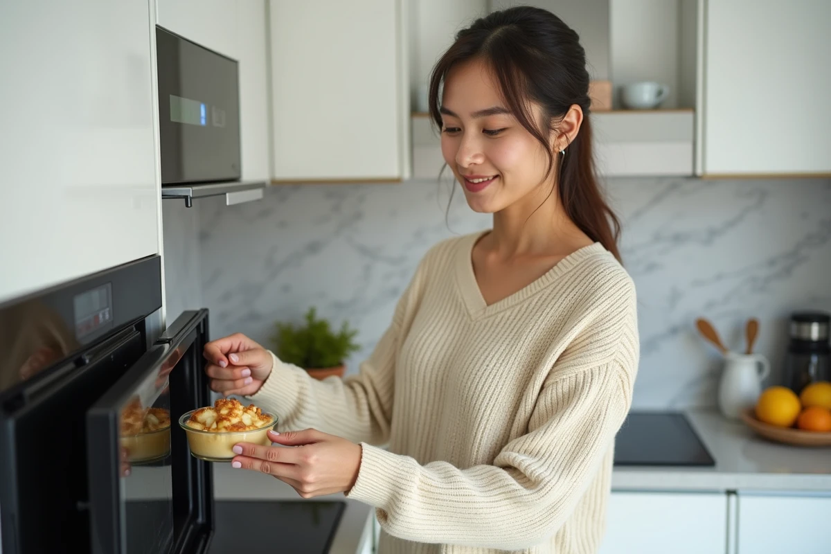 Jeune femme en pull crème sortant un ramequin de dessert aux pommes d'un micro-ondes dans une cuisine moderne