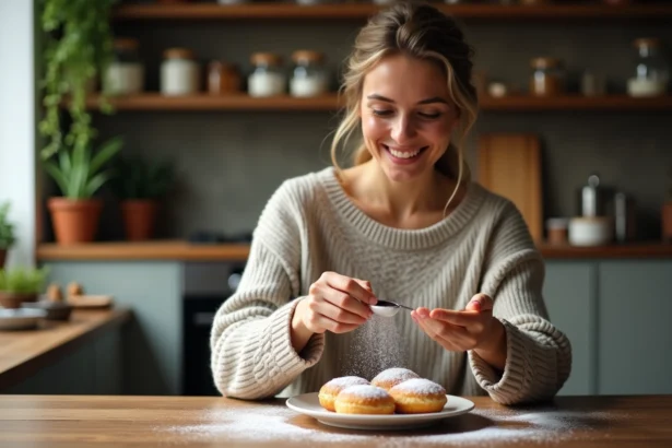 Femme saupoudrant des beignets vegan sur une table rustique