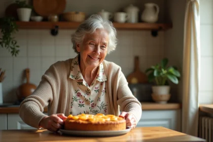 Femme âgée souriante servant un gâteau aux poires dans la cuisine