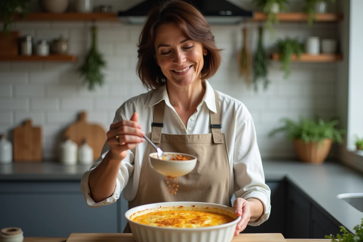 Femme saupoudrant des épices sur un gratin doré dans une cuisine moderne, illustrant l'usage des épices pour sublimer les légumes gratinés